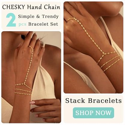 CHESKY 14K Gold Plated Hand Chain Bracelets for Women Stack Jewelry | Dainty Finger Ring Bracelet, Adjustable Hand Chains, Waterproof Beaded Gold Bracelets, Daily Body Jewelry Gift for Women - color: gold-lipsbracelet