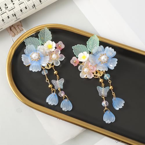 A Pair Wedding Hair Clips, Handmade Floral Design Crystal Hair Clips Pearl Barrettes, Rhinestones Flower Clips Pearl Headpieces Hair Pins Hair Accessories for Women Girls (Light Blue) - color: Light Blue