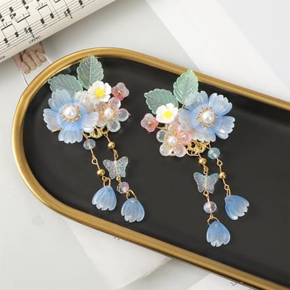 A Pair Wedding Hair Clips, Handmade Floral Design Crystal Hair Clips Pearl Barrettes, Rhinestones Flower Clips Pearl Headpieces Hair Pins Hair Accessories for Women Girls (Light Blue) - color: Light Blue