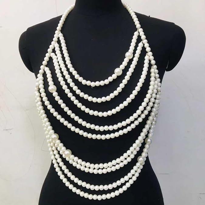 Pearl Body Chain Shoulder Necklace Pearl Top Bikini Pearls Shoulder Chains Bra Chain Jewelry for Women Rave Nightclub Party Body Accessories Sexy Bra Chain (9 line)
