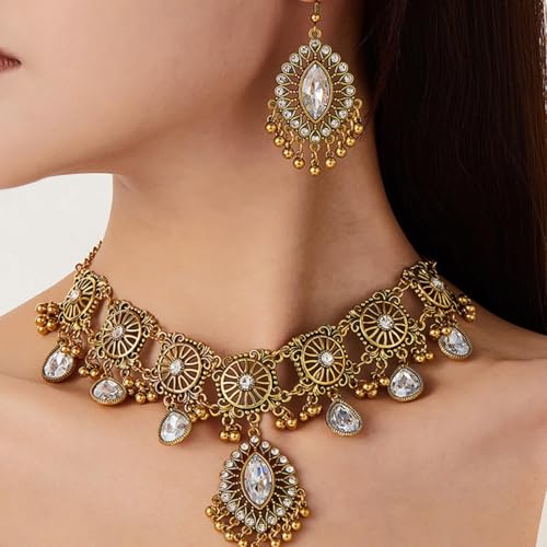 Frodete Indian Jewelry Sets for Women Traditional Bohemian Wedding Jewelry Set Indian Dresses for Women Oxidized Ethnic Party Prom Wear - color: D5:GOLD WHITE
