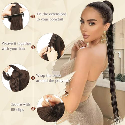 Long Braid Ponytail Extension with Hair Tie Straight Sleek Wrap Around Hair Extensions Braid Pony Tail Fluffy Natural Soft Synthetic Hairpieces for Women Daily Wear, 26 inch-Ash Blonde - color: Ash Blonde, size: 26 Inch (Pack of 1)