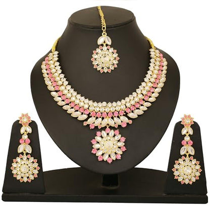 Touchstone Indian Bollywood Traditional Craftsmanship Mughal Designer Jewelry Wedding Necklace Set in Antique Gold Or White Tone for Women. - style: D135 Pink