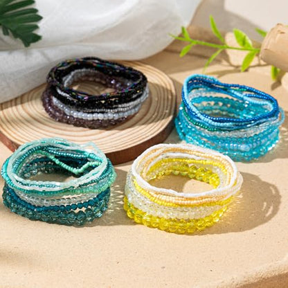 Bohemian Colorful Crystal Glass Beads Seed Beaded Bracelet Handmade Adjustable Stackable Elastic Strand Bangle for Women Summer Beach Hawaii Boho Wristbands Jewelry - color: blue1