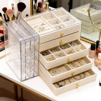 beige Jewelry Box Organizer, Transparent Acrylic Case with Velvet-Lined 5 drawers and 2 side drawers, Versatile Compartments for Earrings, Rings, Necklaces, Bracelets - color: Beige