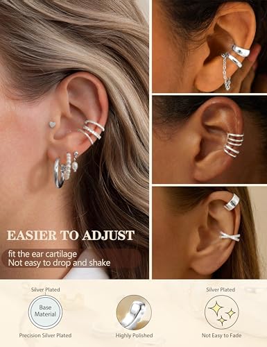 LOLIAS 12Pcs Ear Cuffs Non Piercing - 14K Gold Plated Ear Cuff Earrings for Women Adjustable Earring Cuffs for Non Pierced Ears Clip on Cartilage Earring Fake Earrings Set - color: Silver Plated