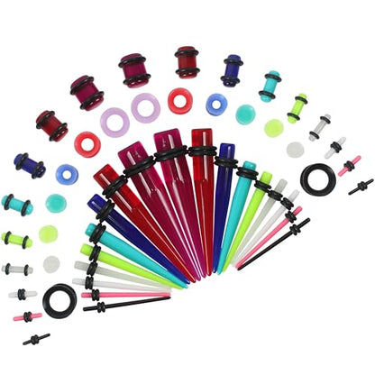 50pcs 14G-00G Ear Stretching Kit, Ear Gauges, Acrylic Plugs, Tapers, Round Silicone Tunnels for Women Men, Earring Expander, Starter Lightweight Body Piercing Jewelry Gauging Set (Random Size & Color)