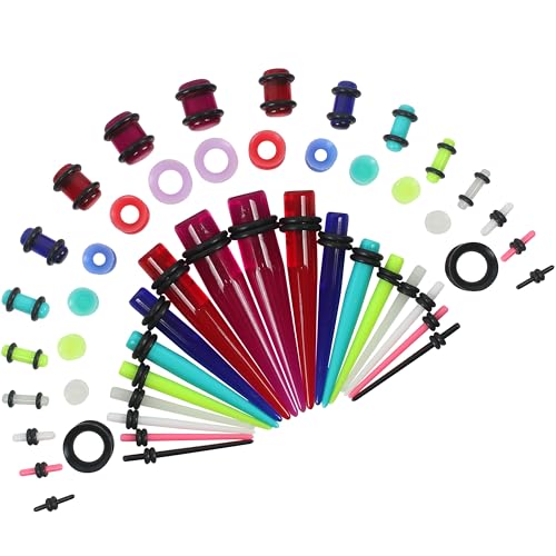50pcs 14G-00G Ear Stretching Kit, Ear Gauges, Acrylic Plugs, Tapers, Round Silicone Tunnels for Women Men, Earring Expander, Starter Lightweight Body Piercing Jewelry Gauging Set (Random Size & Color)