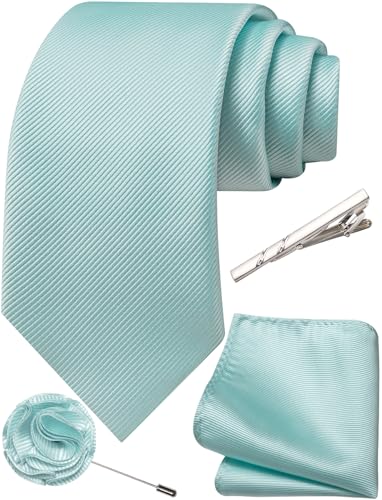 Solid Color Tie and Pocket Square with Tie Clip Lapel Pin Silk Formal Necktie Set Wedding Formal - color: Aqua