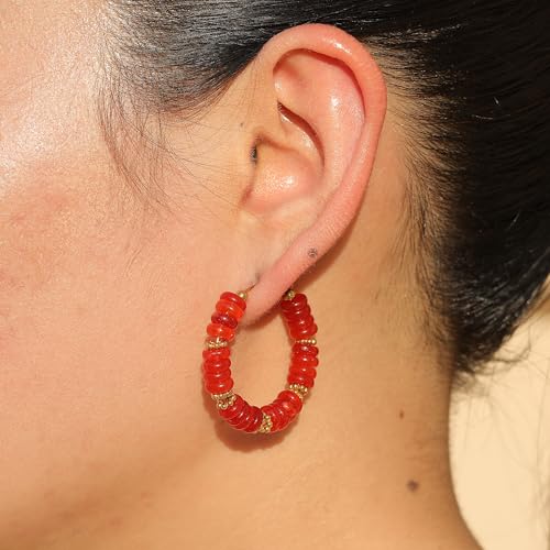 Wellike Beaded Hoop Earrings for Women Natural Stone Pink Gold Huggie Earrings Hypoallergenic Dainty Waterproof Trendy Jewelry - color: Red, size: 35mm