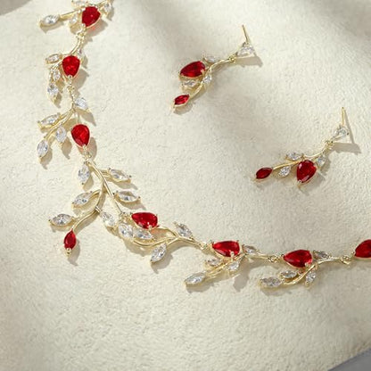 Cubic Zirconia Leaf Vine Wedding Jewelry Set for Bride Women Bridesmaid | Pear-Shaped Birthstone, Necklace Dangle Earrings for Bridesmaid, Silver-Plated-Brass - color: 2pcs_Red Gold-Plated-Brass