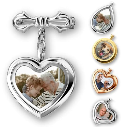 Personalized Photo Wedding Bouquet Charm, Double Sided Round Glass Photo Locket Pendant Pin Brooch, Handmade Memorial Picture Frame Bridal Shower Gift For Bride & Groom - color: Heart - Silver