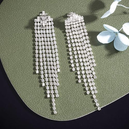 SELOVO Clip Tassel Earrings Crystal Bridal Wedding Clip on Statement Dangle Earrings Silver Tone