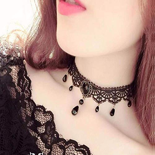 Halloween Women Lady Goth Punk Necklace Lace Collar Choker Wedding Jewelry | Dumcondy Black Steampunk Elegant Sexy Statement Retro Victorian Cosplay Night Club Party Princess Neck Chain (5 Pieces/Set)