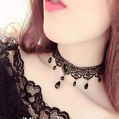 Halloween Women Lady Goth Punk Necklace Lace Collar Choker Wedding Jewelry | Dumcondy Black Steampunk Elegant Sexy Statement Retro Victorian Cosplay Night Club Party Princess Neck Chain (5 Pieces/Set)
