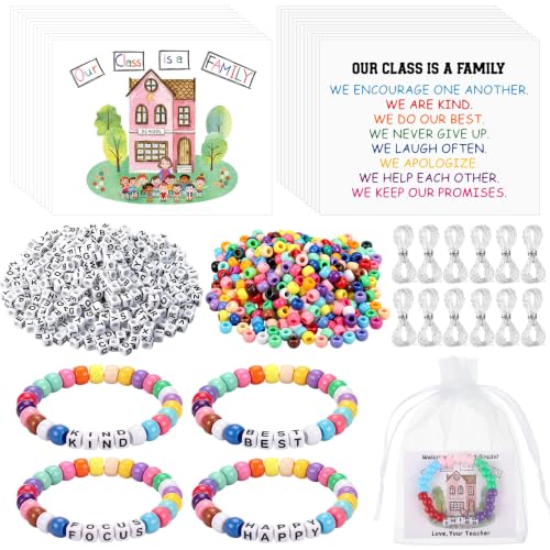 Tondiamo 24 Sets Back to School Gifts Friendship Bracelet Making Kit for Students Include Our Class is a Family Greeting Cards Beads Strings Bags DIY Kit for First Day of School Classroom - style: Classic
