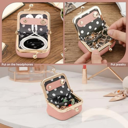 Genuine Leather Small Jewelry Travel Case with Kiss Lock, Portable Travel Jewelry Case Mini Coin Purse for Rings, Earrings, Pendants, Necklaces, Mini Jewelry Box for Girls Women(Pink) - color: Pink