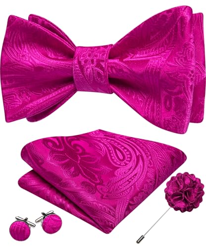 YOHOWA Bow Ties for Men Self-tied Silk Bowtie Solid Color with Lapel Pin and Handkerchief Cufflinks for Wedding Party Prom - color: Hot Pink