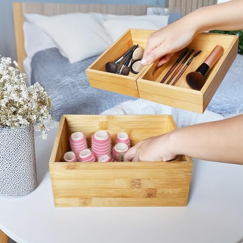 HOMESTEAD 3-Piece Stackable Bamboo Storage Box, Office Desk Organizer, Wooden Boxes for Makeup Drawer Organizer Bathroom, Office Supplies, Kitchen Utensils, Bamboo Storage Containers, Jewelry Tray