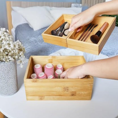 HOMESTEAD 3-Piece Stackable Bamboo Storage Box, Office Desk Organizer, Wooden Boxes for Makeup Drawer Organizer Bathroom, Office Supplies, Kitchen Utensils, Bamboo Storage Containers, Jewelry Tray