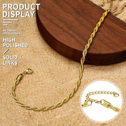 ChainsHouse Ankle Bracelets for Women, Stainless Steel Beaded Chain Ankle Bracelet, Womens Heart Anklets for Summer Beach Jewelry Gifts - color: M: twisted rope-6mm-gold