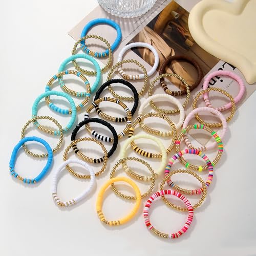Friendship Bracelets for Women - Heishi Surfer Colorful Smile Evil Eye Clay Beaded Stretch Bracelets Elastic Layering - Stackable Boho Disc Y2K Aesthetic Summer Jewelry Set. - color: HEISHI-7PC PINK