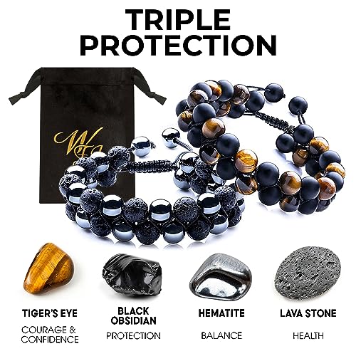 WFJ Black Obsidian Hematite Triple Protection Bracelets Set - Tiger Eye Beaded Natural Stone Bracelet for Men Women Gemstone (10MM) - color: Adjustable Double Set of 2