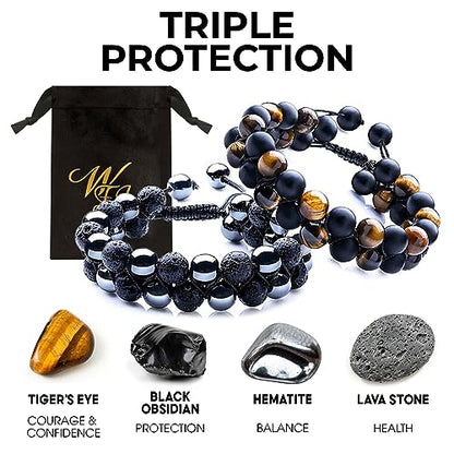 WFJ Black Obsidian Hematite Triple Protection Bracelets Set - Tiger Eye Beaded Natural Stone Bracelet for Men Women Gemstone (10MM) - color: Adjustable Double Set of 2