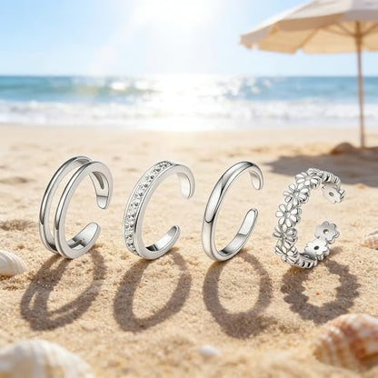 14K Gold Filled Toe Rings for Women | Silver Toe Rings, Open Toe Rings, Adjustable, Summer Beach Foot Jewelry - color: Silver