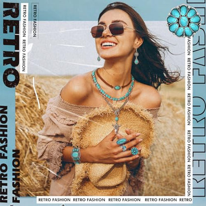 Ecally Bohemian Western Jewelry Turquoise Set Women Country Pendant Long Choker Layered Bracelets Earrings Ring for Women - color: Turquoise, style: Stylish