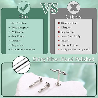 LOLIAS 16G G23 Titanium Tragus Conch Helix Piercing Jewelry 6mm 8mm 10mm - Internally Threaded Flat Back Stud Cartilage Earrings Hypoallergenic Forward Earlobe Labret Tragus Piercing Jewelry - color: Snake-Titanium
