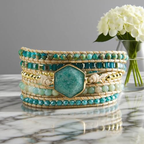 Handmade Boho Wrap Bracelets Natural Turquoise Crystal Stone Variety Beaded Strand Bracelet - color: Amazonite