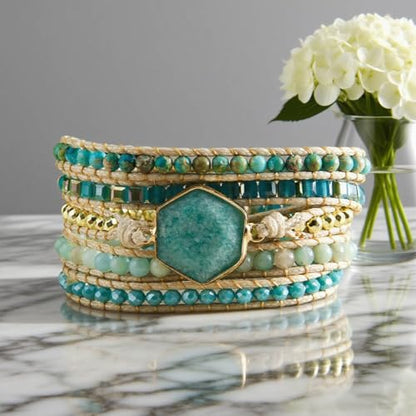Handmade Boho Wrap Bracelets Natural Turquoise Crystal Stone Variety Beaded Strand Bracelet - color: Amazonite