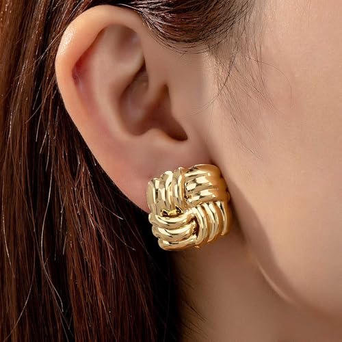 REELMAR Chunky Geometric Clip On Earrings for Women Trendy Gold-Plated Thick Hammered Rectangle Dupes Earrings Minimalist Statement Earrings No Piercing Clips - color: Gold-Square