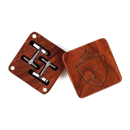 Mens Initial Silver Cufflinks A-Z Alphabet Letter Steel Cuff Links with Engraved Walnut Wood Box Groom Groomsman Wedding Set… - style: F