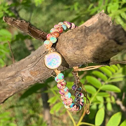 YGLINE Stone Bead Yoga Meditation Bracelet Healing Crystal Double Layer Natural Gemstone Beaded Relax Anxiety Bracelets for Women Men - color: jasper