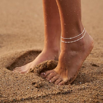 Moodear Ankle Bracelets for Women 14K Silver Plated Layered Chain Anklets | Waterproof Non Tarnish Adjustable Double Layer Anklet with Satellite Bead Chain Design for Summer Beach Jewelry Gift - color: silver-4