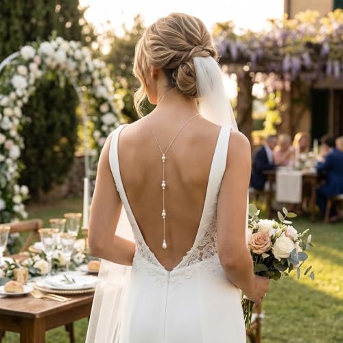 Back Necklace with Rhinestone Pearl Pendant Back Body Chain for Backless Dress Bridal Wedding Backdrop Necklace Crystal Simple Waist Body Jewelry for Women - color: B2