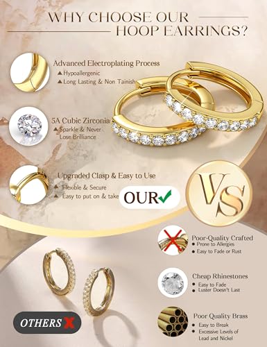Jstyle Small Gold Hoop Earrings for Women, CZ/Plain Hoops Earring Stacks | Hypoallergenic Earing Hoops for Sensitive Ears, Secure Clasps, Huggie Earrings Stack Set for Cartilage, 14K Gold/Silver/Black - color: 14K Gold Plated