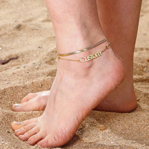 ChainsHouse Double Layer Anklet Bracelet for Women,Adjustable Chain Anklets Stackable Dainty Anklets,Stainless Steel/Gold Plated/Black Ankle Jewelry Gifts - color: B-Gold Plated-Snake Chain