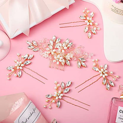 5 Pieces Wedding Hair Comb Bridal Hair Pins Crystal Pearl Hair Accessories Rhinestone Flower Hair Piece for Wedding Bride Women(Gold) - color: Gold