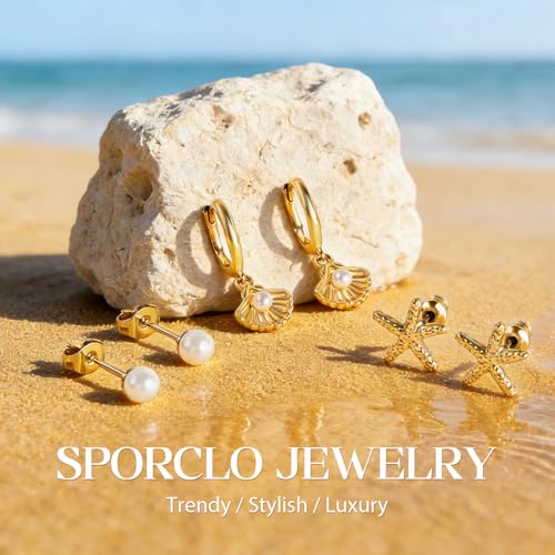 14K Gold Hoop Dangle Stud Earrings Surgical Steel Helix Piercing | Hypoallergenic,Cubic Zirconia,3 Pairs Huggie Hoop Set for Women,Dangle Stud,Cartilage Tragus Conch Earring,Jewelry Gift - color: B3-Gold Shell & Pearl Earrings
