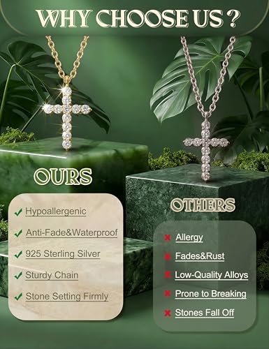 JeryWe 925 Sterling Silver Cross Necklace for Women Dainty Gold/White Gold Plated Necklace for Women Non Tarnish Cubic Zircon Cross Pendant Necklaces Christian Baptism Religious Faith Jewelry Gift - color: 14K Gold Plated