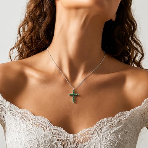 Cross Necklace for Women, Silver Cross Pendant Necklaces | 14K Gold Plated, Dainty CZ Cross Necklace, Non Tarnish and Hypoallergenic Jewelry for Women, Christian Religious Faith Gifts - color: A-Emerald Green-Silver