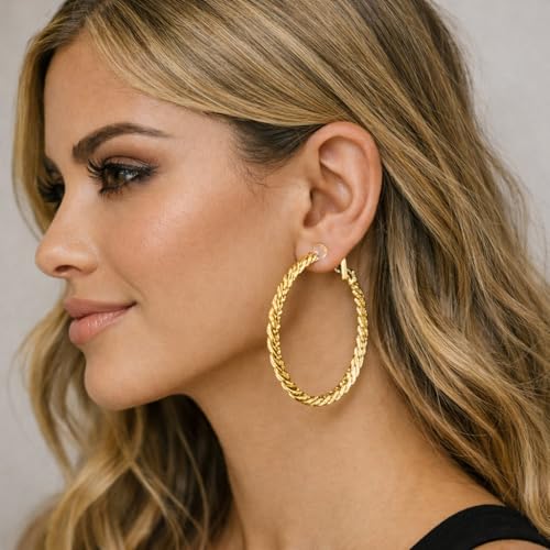 Symvikio Large Clip On Hoop Earrings for Women,14K Gold Big Circle Clip Hoops Chunky Earring Clips for Non Pierced Ears Lightweight Jewelry Gifts 50mm - color: Gold