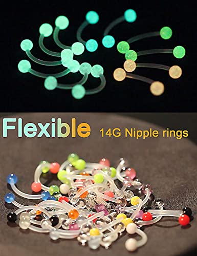 Prjndjw 14G 16mm 48Pcs Glow in The Dark Flexible Plastic Acrylic Curved Barbell Snake Eyes Tongue Nipple Ring Body Piercing Jewelry Retainer for Women Men