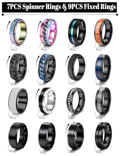 Besteel 16Pcs Stainless Steel Band Rings for Men Women Fidget Anxiety Relief Rings Cool Chain Beveled Edges Celtic Black Band Spinner Rings Set for Wedding Promise Mens Rings Pack