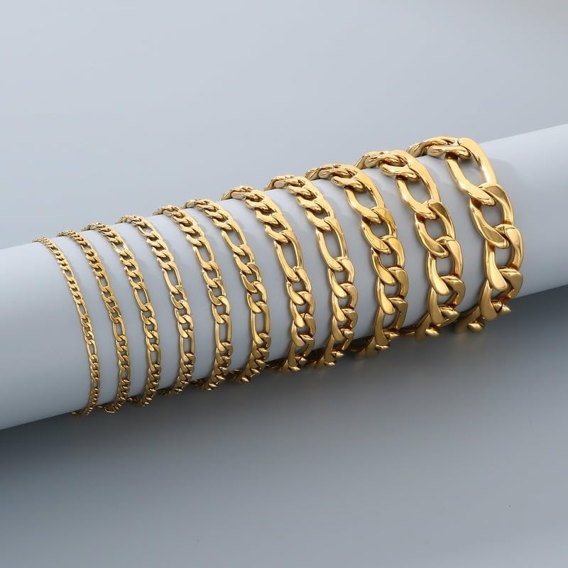 Kemstone Stainless Steel Figaro Cuban Bracelet Necklace Set for Men Women Jewelry - color: Gold 02