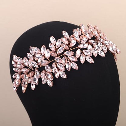 Missgrace Women Silver Green Black Red Blue Handmade Full Crystal Rhinestone Large Headband Hair Vine Shinny Headpiece Bridal Wedding Hair Accessories for Women (Rose gold pink) - color: Rose gold pink