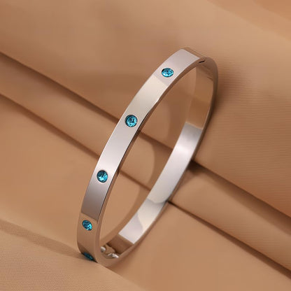 Women’s Silver Bracelet with Blue Crystals – Stainless Steel Slim Hinged Bangle